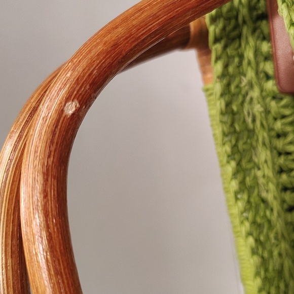 Fossil Straw Mini Satchel Bag Purse Green Double Handle Wood Zip Top - Picture 7 of 14